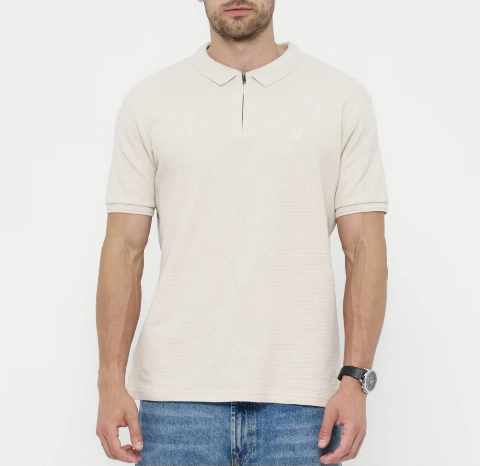 Men's Beige Polo Shirt Zip Neck & Textured Fabric